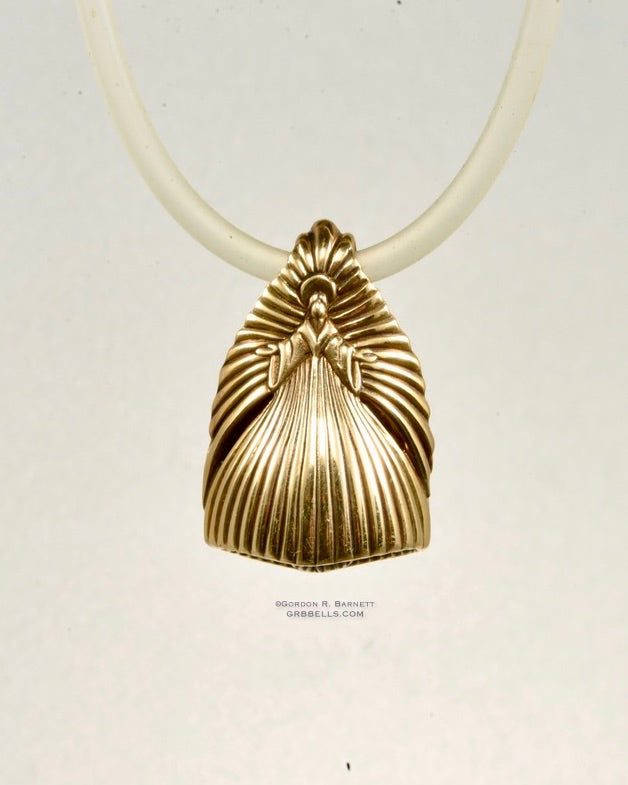 Angel Feather jewelry necklace bell in bronze, front view.