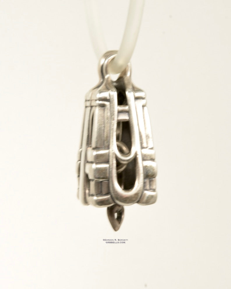 bridge jewelry bell necklace in sterling silver is handmade pendant side view is made with lost wax casting, then polished and assembled in Washington state perfect gift for travelers architects & engineers