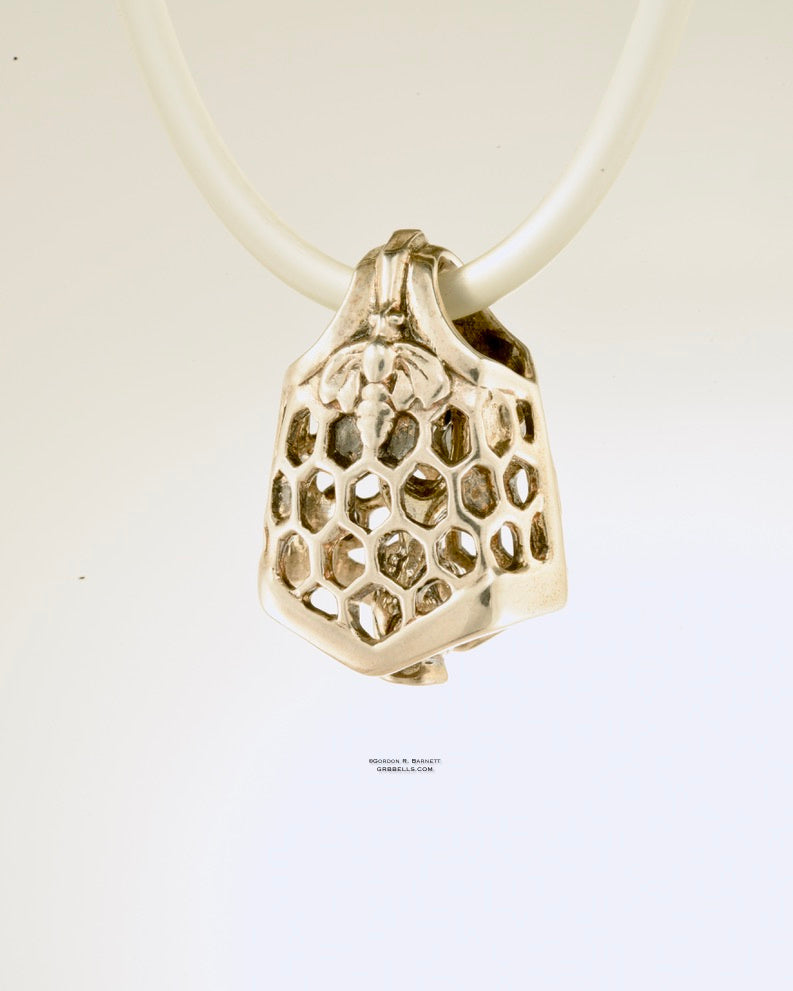 BEE & HONEYCOMB BELL in STERLING jewelry bell necklace in sterling silver is handmade pendant is made with lost wax casting, then polished and assembled in Washington state perfect gift for sweet beings