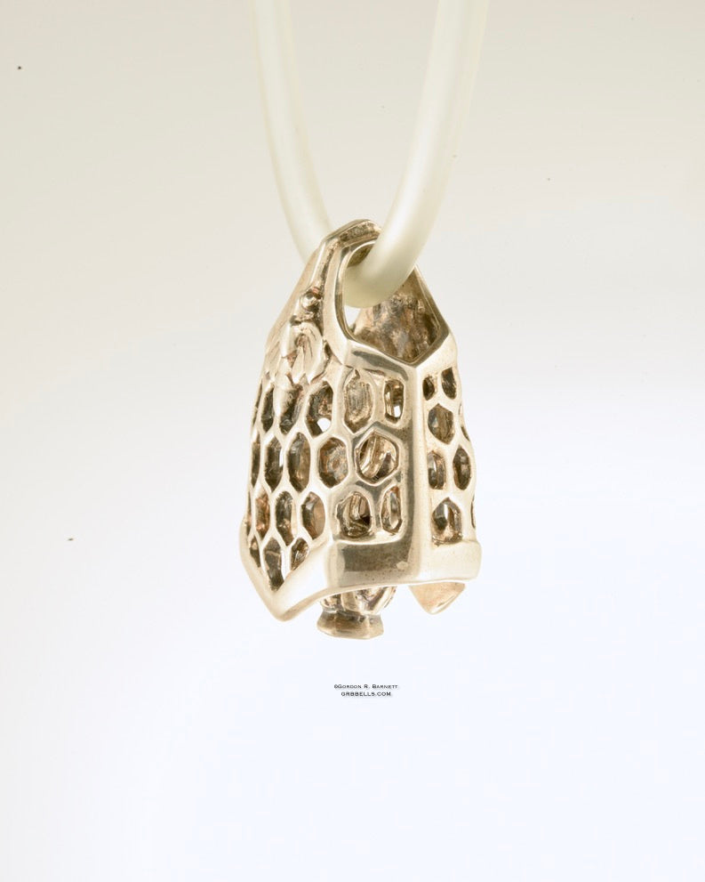 BEE & HONEYCOMB BELL in STERLING jewelry bell necklace in sterling silver is handmade pendant is made with lost wax casting, then polished and assembled in Washington state perfect gift for sweet beings side view
