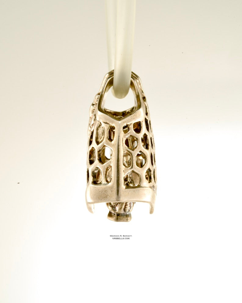 BEE & HONEYCOMB BELL in STERLING side view jewelry bell necklace in sterling silver is handmade pendant is made with lost wax casting, then polished and assembled in Washington state perfect gift for sweet beings
