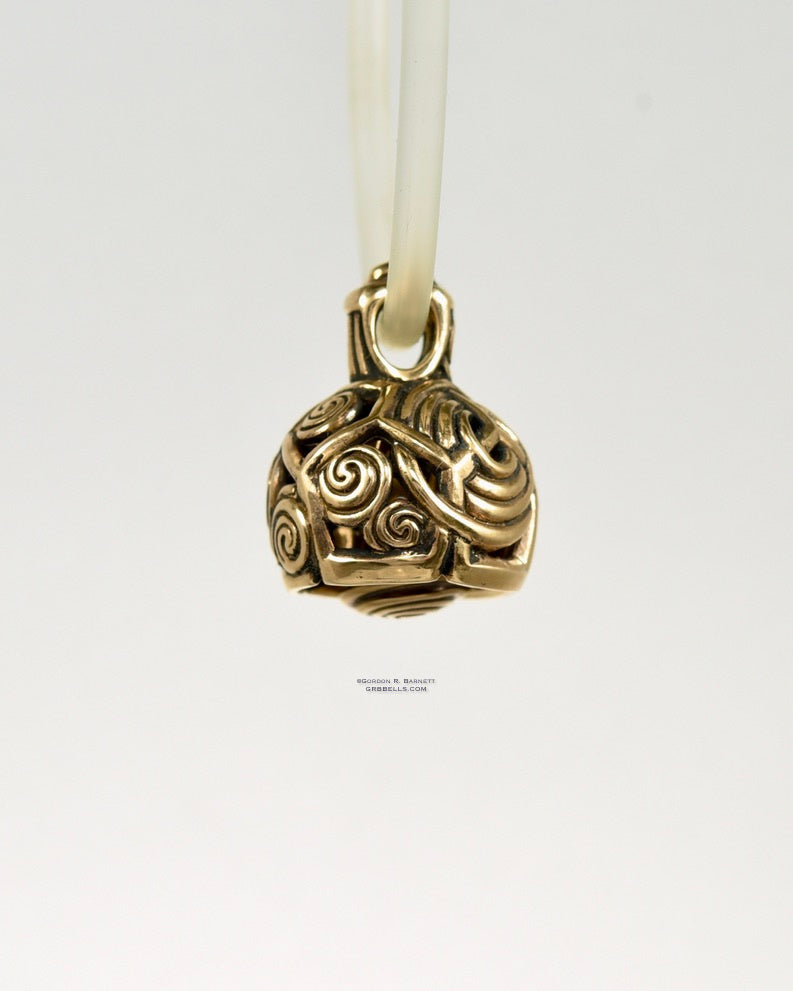 BUCKYMEETS THE GODDESS Bronze sde view jewelry bell necklace in bronze is a handmade pendant is made with lost wax casting, then polished and assembled in Washington state perfect gift for geography, celtic spirals