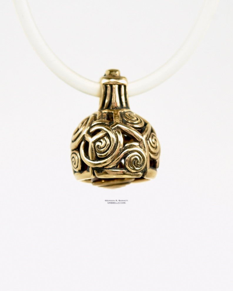BUCKYMEETS THE GODDESS Bronze back view jewelry bell necklace in bronze is a handmade pendant is made with lost wax casting, then polished and assembled in Washington state perfect gift for geography, celtic spirals
