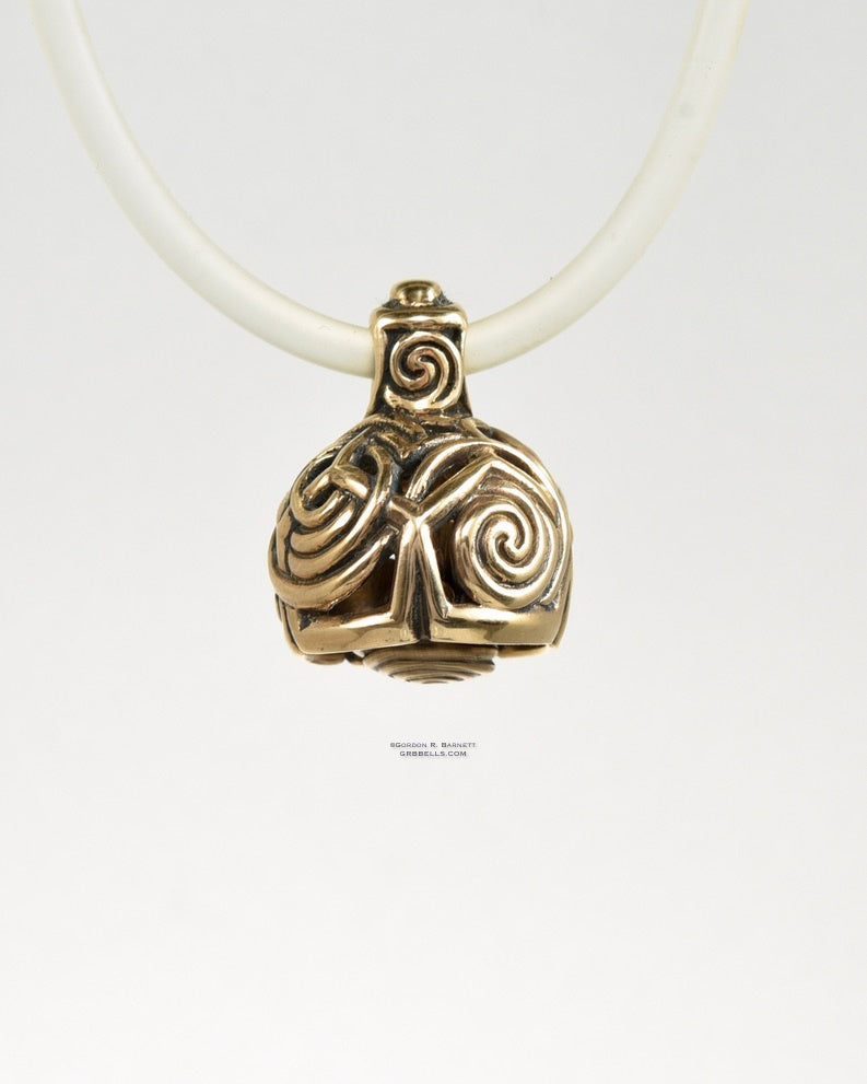 BUCKYMEETS THE GODDESS Bronze front view jewelry bell necklace in bronze is a handmade pendant is made with lost wax casting, then polished and assembled in Washington state perfect gift for geography, celtic spirals