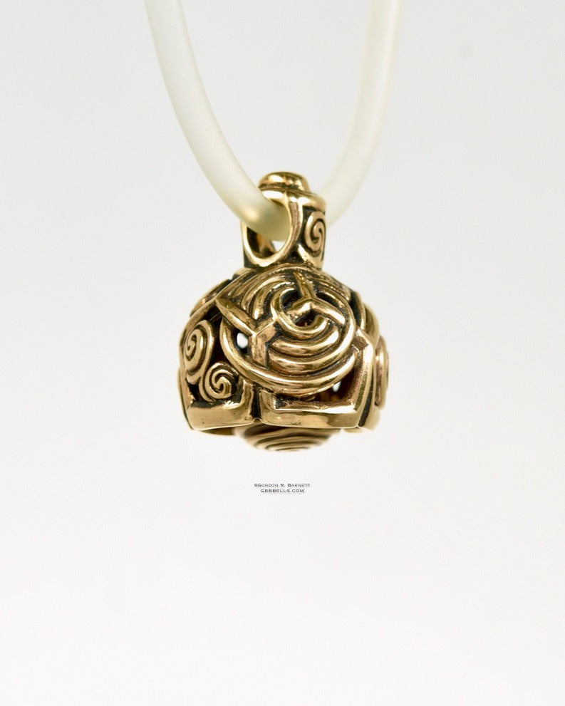 BUCKYMEETS THE GODDESS Bronze side view jewelry bell necklace in bronze is a handmade pendant is made with lost wax casting, then polished and assembled in Washington state perfect gift for geography, celtic spirals