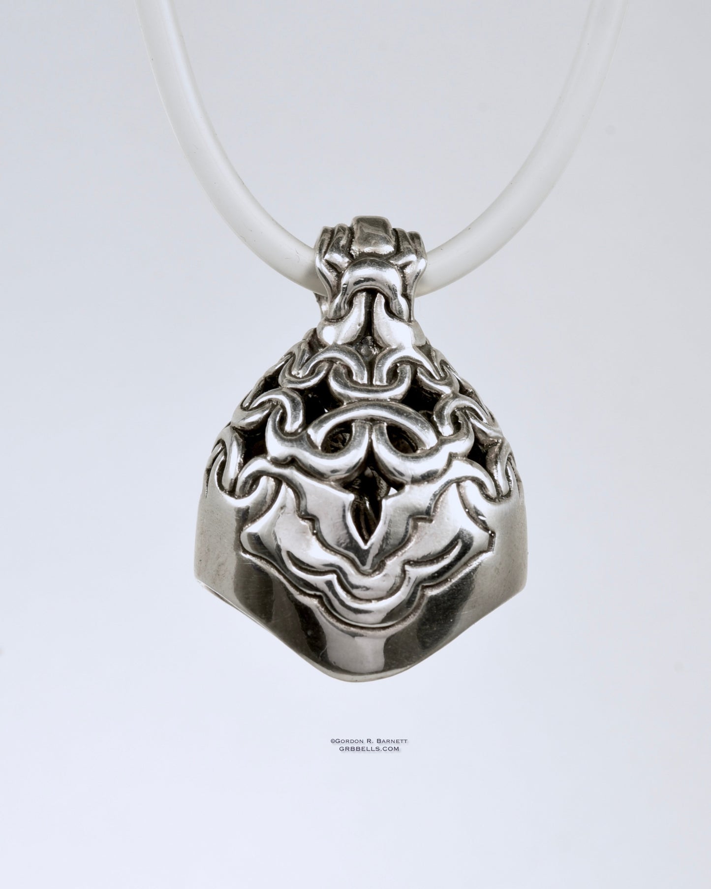 CHAIN MAIL jewelry bell necklace front view in bronze is a handmade pendant in sterling silver is made with lost wax casting, then polished and assembled in Washington state perfect gift for mesh strength