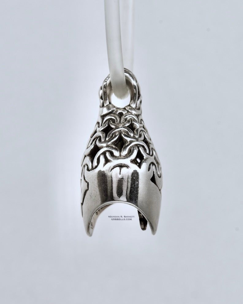 CHAIN MAIL jewelry bell necklace left view in sterling silver is a handmade pendant made with lost wax casting, then polished and assembled in Washington state perfect gift for mesh strength