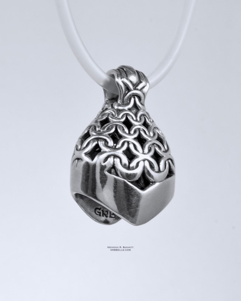 CHAIN MAIL jewelry bell necklace front three-quarter view in sterling silver is a handmade pendant in bronze is made with lost wax casting, then polished and assembled in Washington state perfect gift for mesh strength