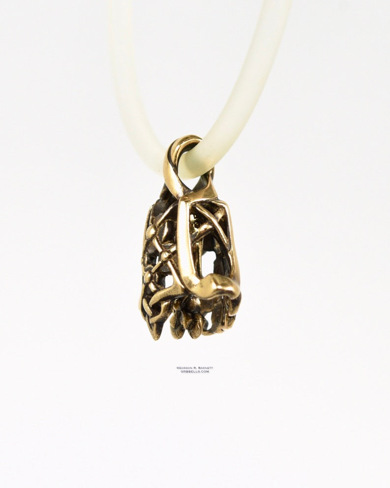 chantilly jewelry bell necklace in bronze is 22 mm tall (three-quarter view front right) is handmade pendant is made with lost wax casting, then polished and assembled in Washington state perfect gift for lace & bride
