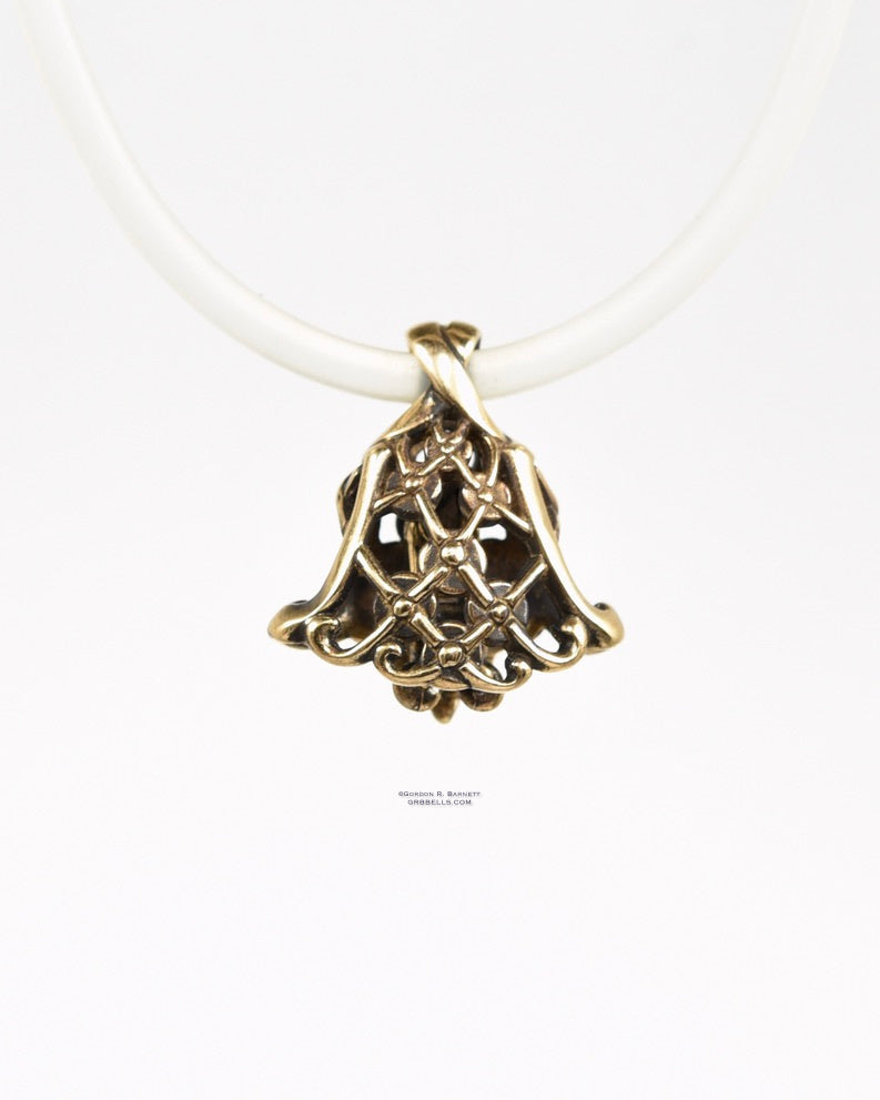 chantilly jewelry bell necklace in bronze is 22 mm tall (front view) is handmade pendant is made with lost wax casting, then polished and assembled in Washington state perfect gift for lace & bride