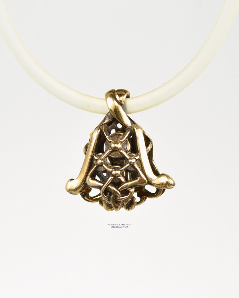 chantilly jewelry bell necklace in bronze is 22 mm tall (front view) is handmade pendant is made with lost wax casting, then polished and assembled in Washington state perfect gift for lace & bride