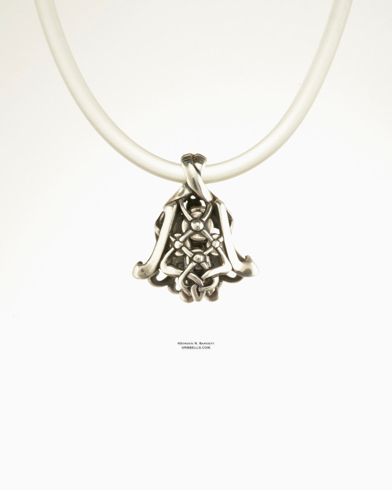 chantilly jewelry bell necklace in sterling silver (frnt view) is handmade pendant is made with lost wax casting, then polished and assembled in Washington state perfect gift for lace