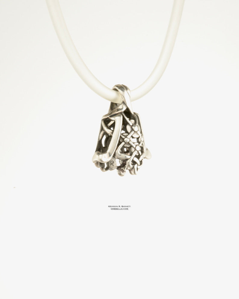 chantilly jewelry bell necklace in sterling silver (front left three-quarter view) is handmade pendant is made with lost wax casting, then polished and assembled in Washington state perfect gift for lace