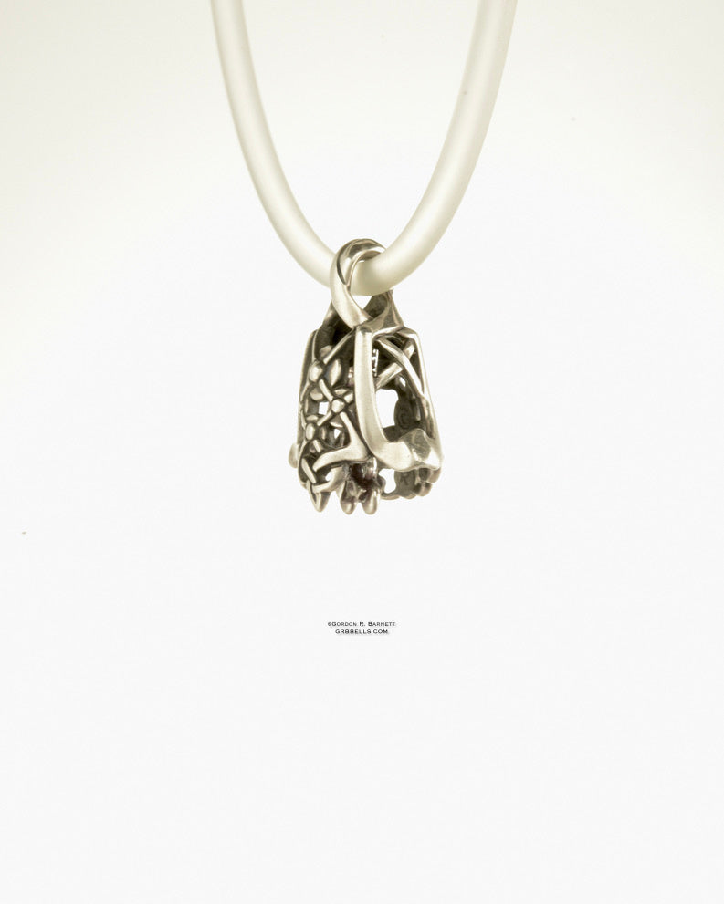 chantilly jewelry bell necklace in sterling silver (right three-quarter view) is handmade pendant is made with lost wax casting, then polished and assembled in Washington state perfect gift for lace