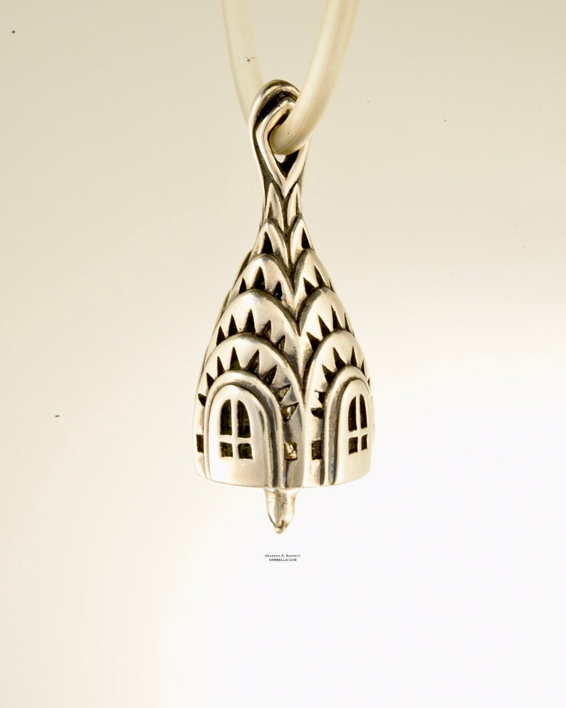 chrisler building bell necklace in sterling silver is 30 mm tall. (front view) his handmade pendant is made with lost wax casting, then polished and assembled in Washington state. suitable for architect