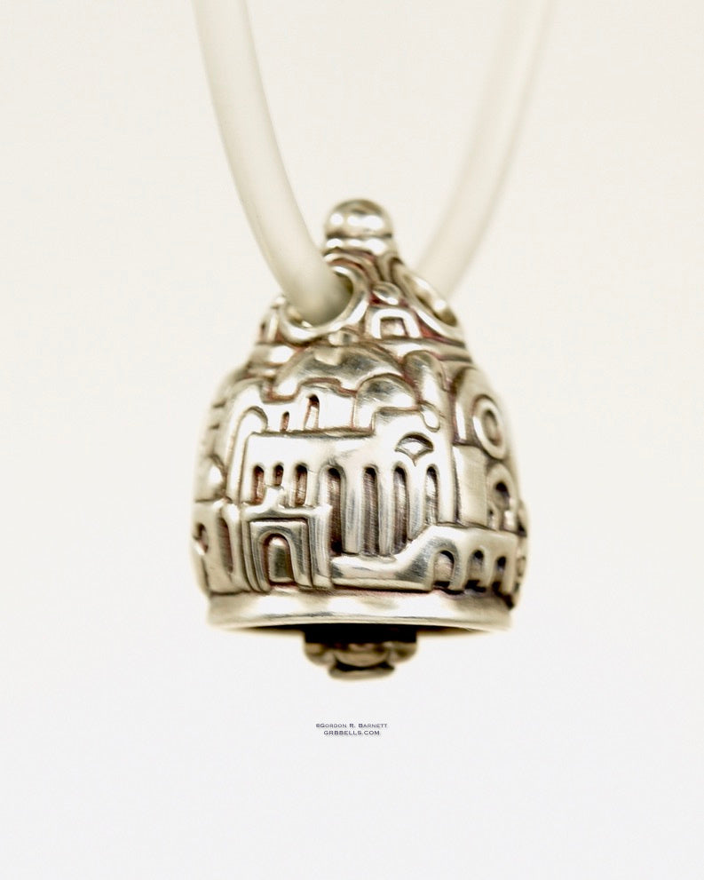 Necklace in Sterling silver is 25 mm tall (three-quarter view). This handmade pendant is made with lost wax casting, then polished and assembled in Washington state. Suitable for fantasy architect