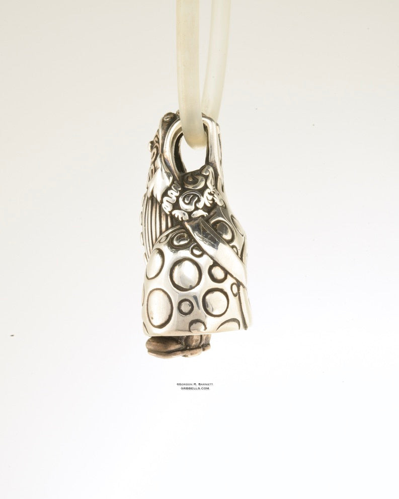 Bell Necklace in Sterling silver is 36 mm tall. (side view)This handmade pendant is made with lost wax casting, then polished and assembled in Washington state. suitable for fun & clowning