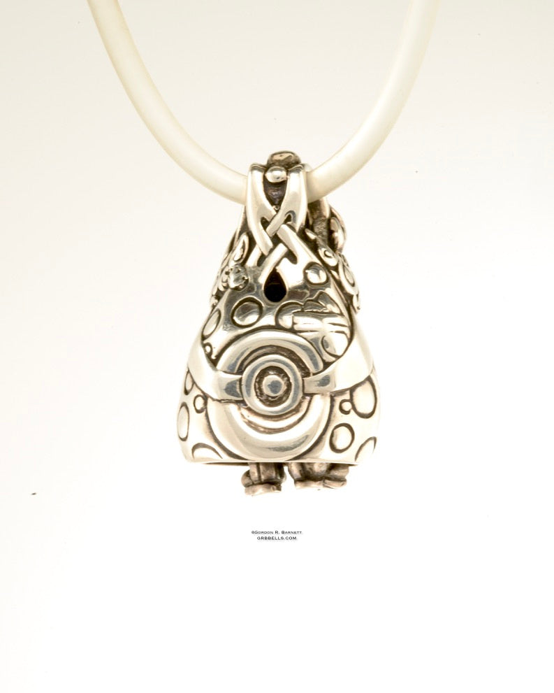 Bell Necklace in Sterling silver is 36 mm tall. (back view)This handmade pendant is made with lost wax casting, then polished and assembled in Washington state. suitable for fun & clowning
