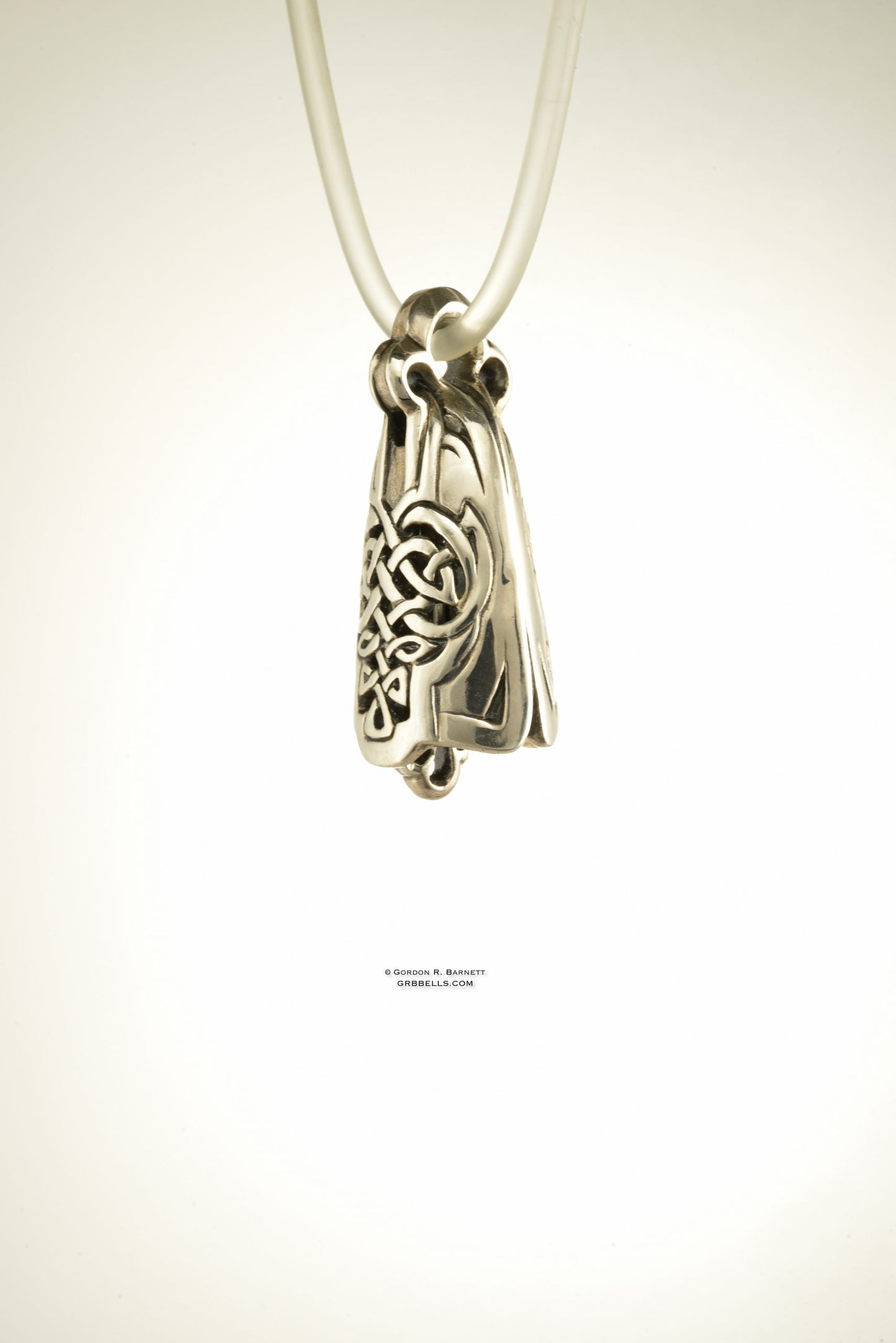 CELTIC LUTE jewelry bell necklace right three-quarter view in sterling silver is a handmade pendant is made with lost wax casting, then polished and assembled in Washington state perfect gift for celtic musician