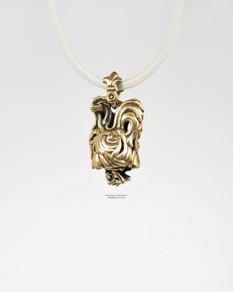 Coq/rooster jewelry bell necklace front view is a handmade pendant in bronze is made with lost wax casting, then polished and assembled in Washington state perfect gift for rooster interest