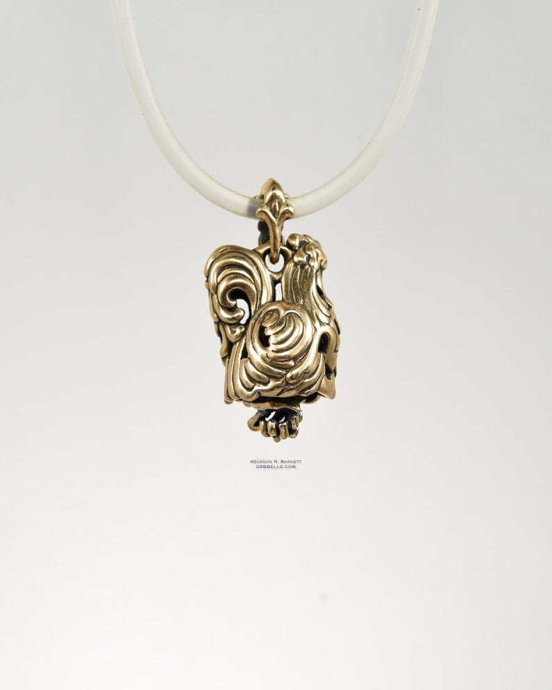 Coq/rooster jewelry bell necklace back view is a handmade pendant in sterling silver is made with lost wax casting, then polished and assembled in Washington state perfect gift for rooster interest