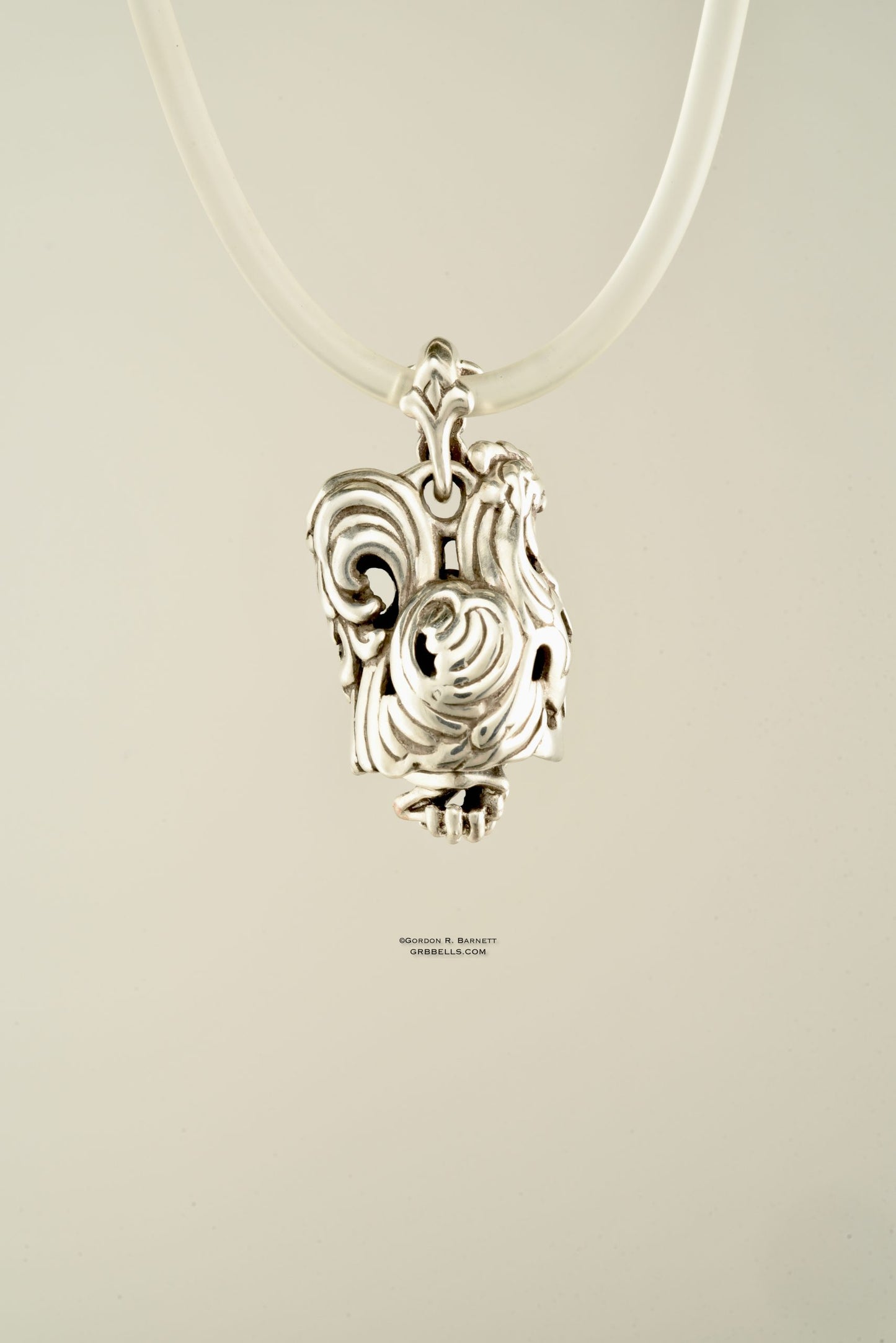 Coq/rooster jewelry bell necklace back view is a handmade pendant in sterling silver is made with lost wax casting, then polished and assembled in Washington state perfect gift for rooster interest