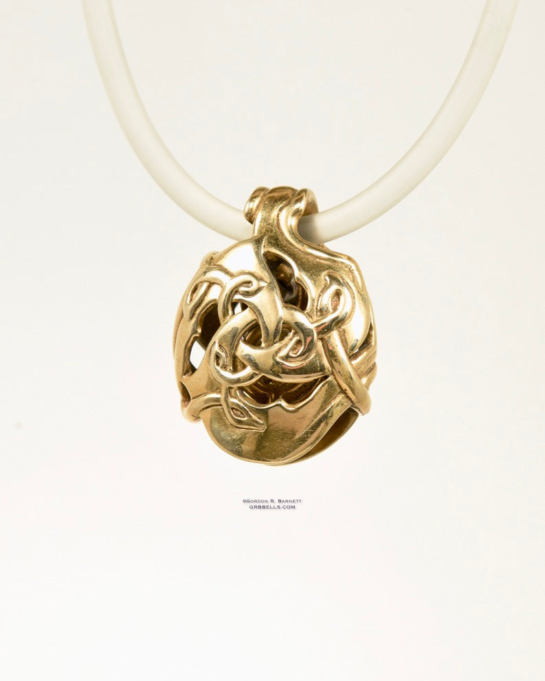 CELTIC TRISKELE jewelry bell necklace front view in bronze is a handmade pendant in bronze is made with lost wax casting, then polished and assembled in Washington state perfect gift for celtic symbol