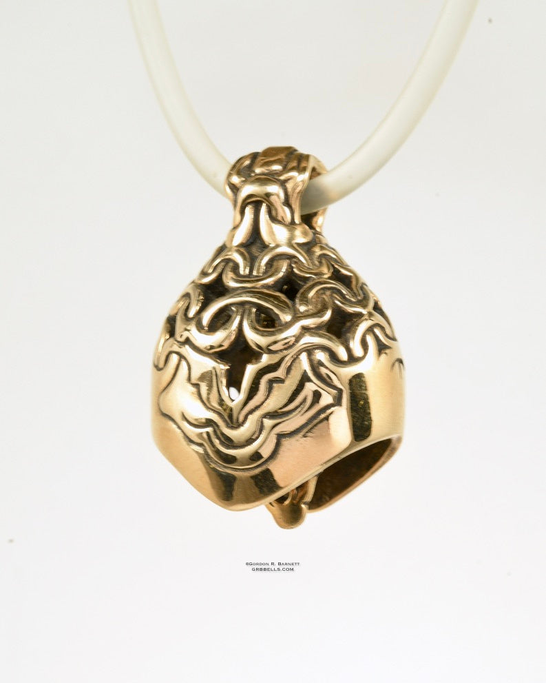 CHAIN MAIL jewelry bell necklace three-quarter back view in bronze is a handmade pendant in bronze is made with lost wax casting, then polished and assembled in Washington state perfect gift for mesh strength