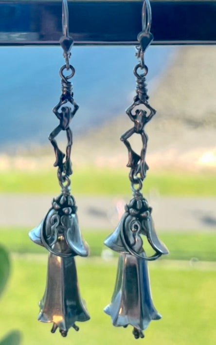 Long Gong Frog Earrings- Sterling