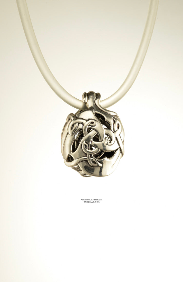 CELTIC TRISKELE jewelry bell necklace back view in bronze is a handmade pendant in bronze is made with lost wax casting, then polished and assembled in Washington state perfect gift for celtic symbol