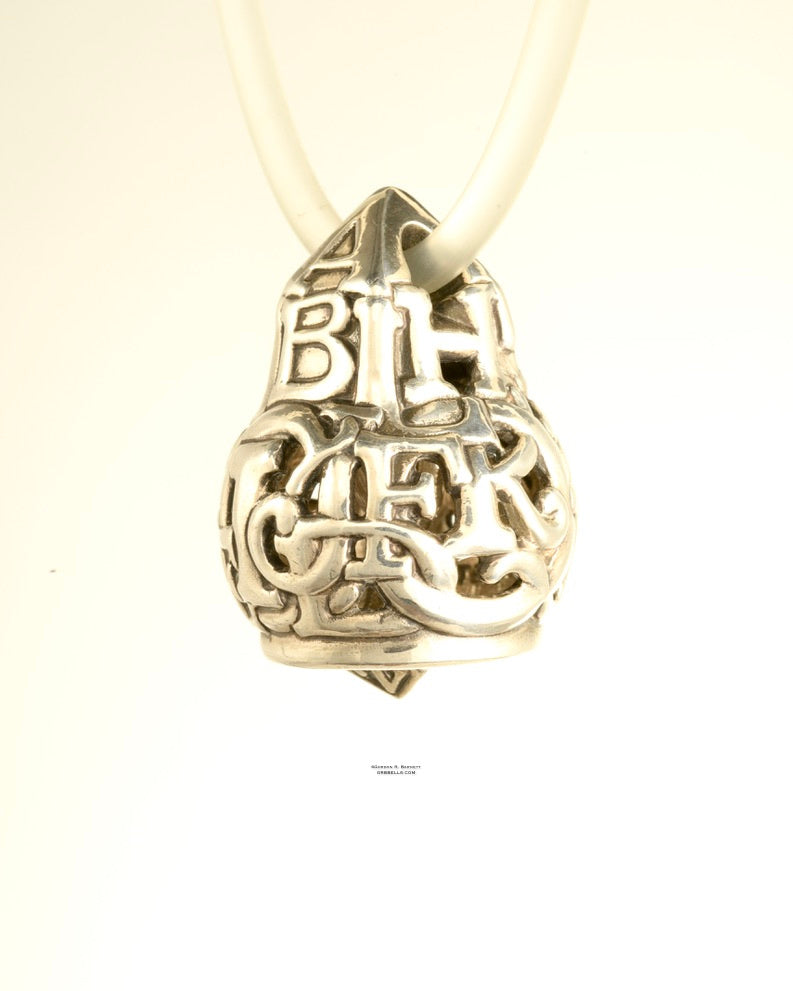 alphabet sterling silver ﻿﻿﻿﻿ Bell Necklace in Sterling silver is 33 mm tall. ((three-quarter view front right) view) This handmade pendant is made with lost wax casting, then polished and assembled in Washington state.  suitable for teachers