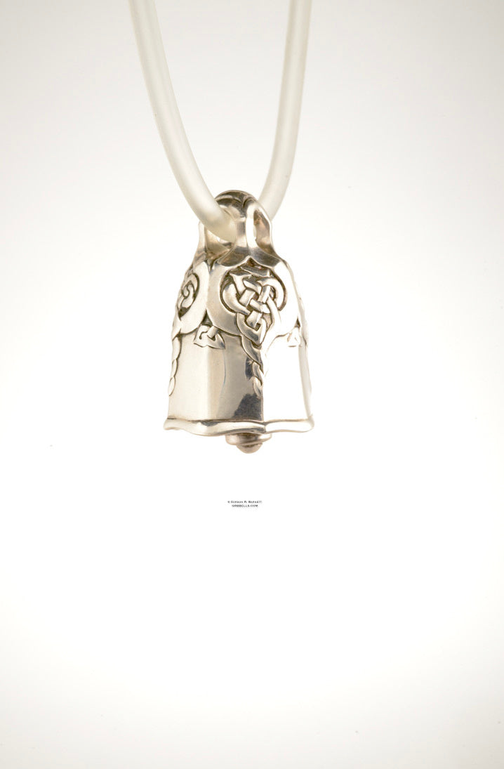 Limited edition Celtic bell necklace, three quarters view in sterling silver